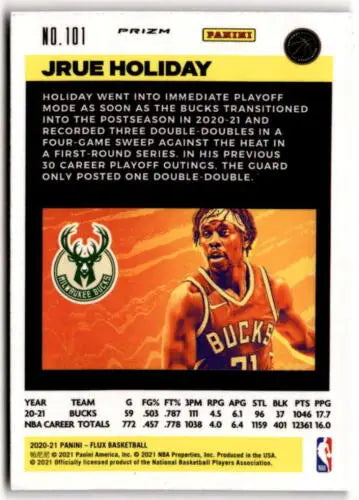 Jrue Holiday basketball card from 2020-21 Panini Flux Laser showcasing original gloss quality