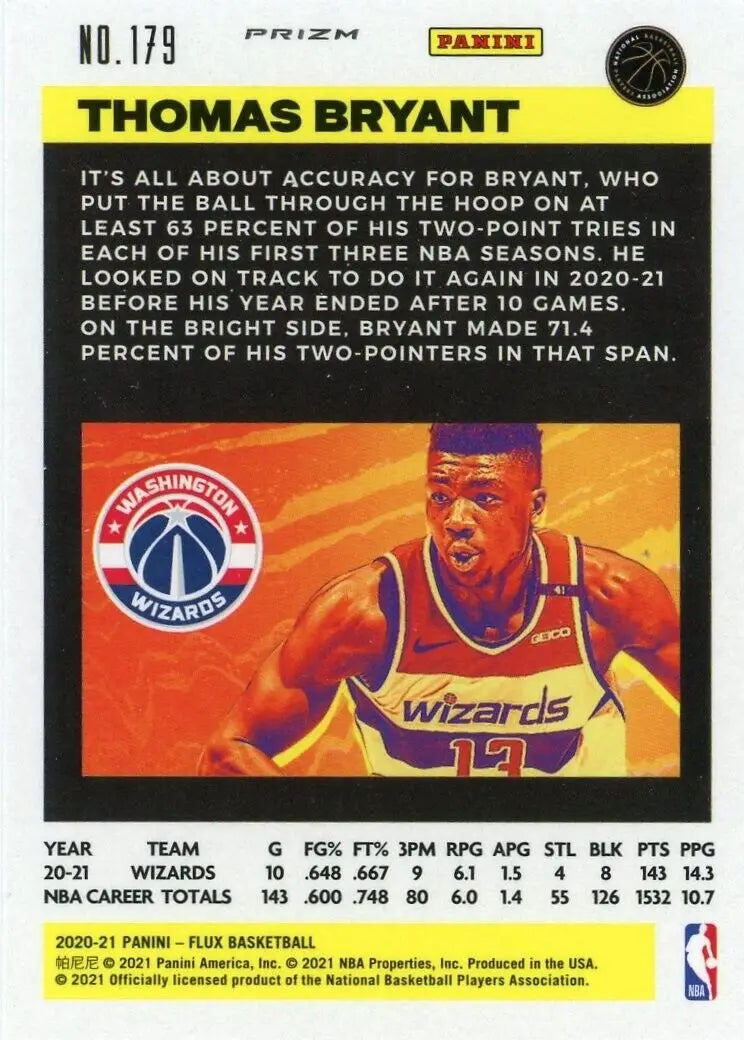 2020-21 Panini Flux Thomas Bryant Silver basketball card from Washington Wizards NBA collection