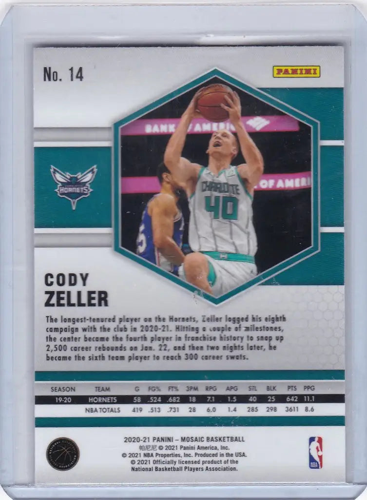 Basketball trading card of Cody Zeller, Charlotte Hornets player in Panini Mosaic