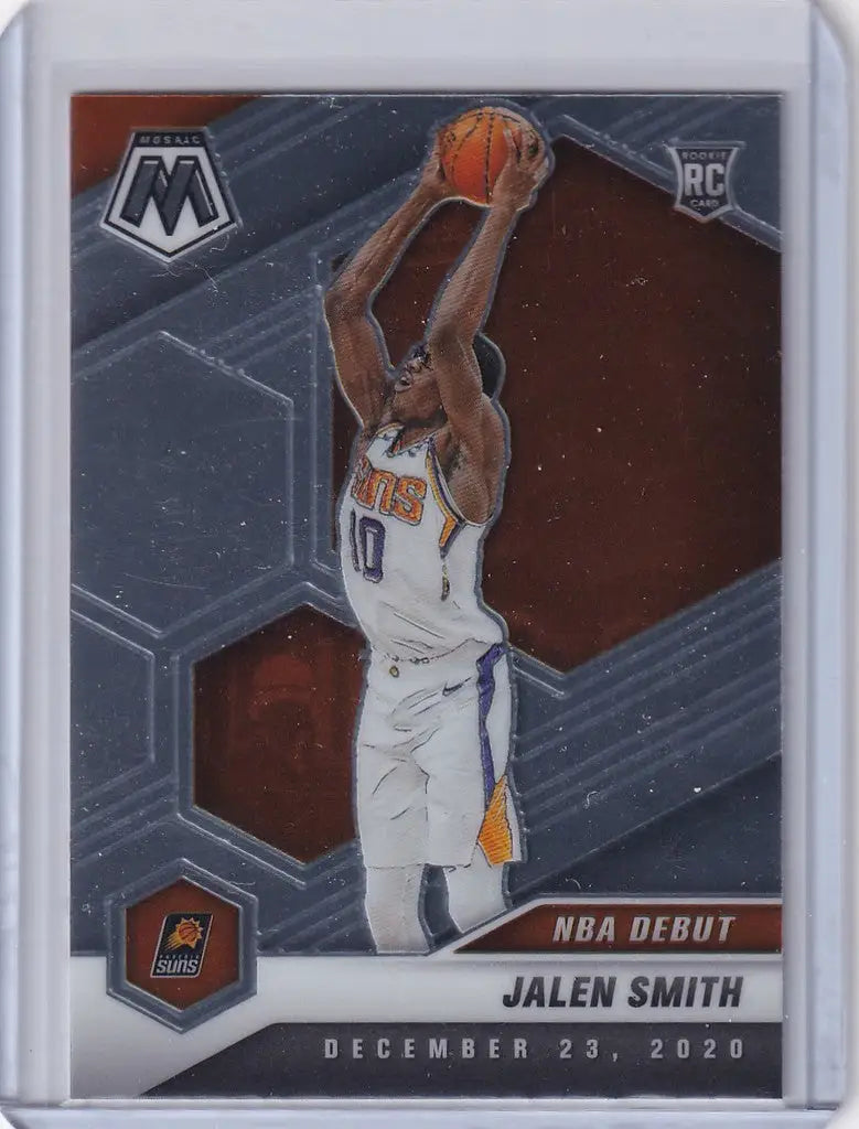 Basketball trading card of Jalen Smith Phoenix Suns in white uniform holding basketball