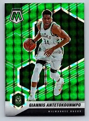 Giannis Antetokounmpo basketball card featuring green prizm from 2020-21 Panini Mosaic