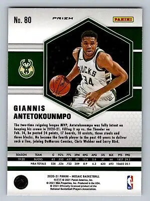 Giannis Antetokounmpo basketball card from 2020-21 Panini Mosaic Green Prizm series