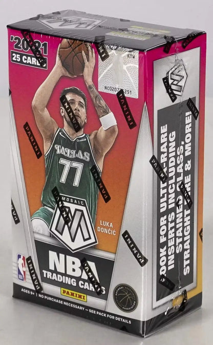 2020-21 Panini Mosaic NBA trading card box with pink orange gradient design