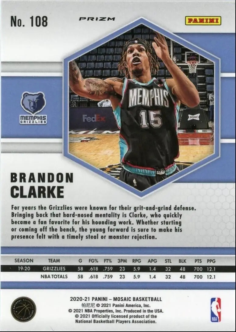 Brandon Clarke Pink Camo Basketball Card from 2020-21 Panini Mosaic Memphis Grizzlies