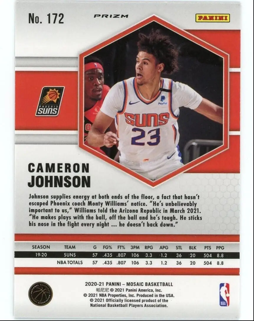 Mosaic Cameron Johnson Reactive Orange basketball card from Panini for Phoenix Suns