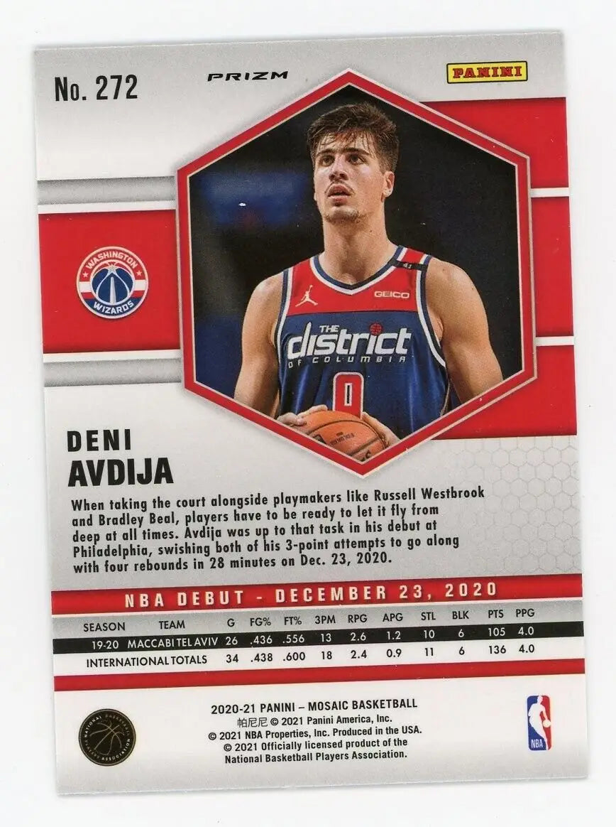 Deni Avdija rookie card from 2020-21 Panini Mosaic NBA Debut Washington Wizards #272