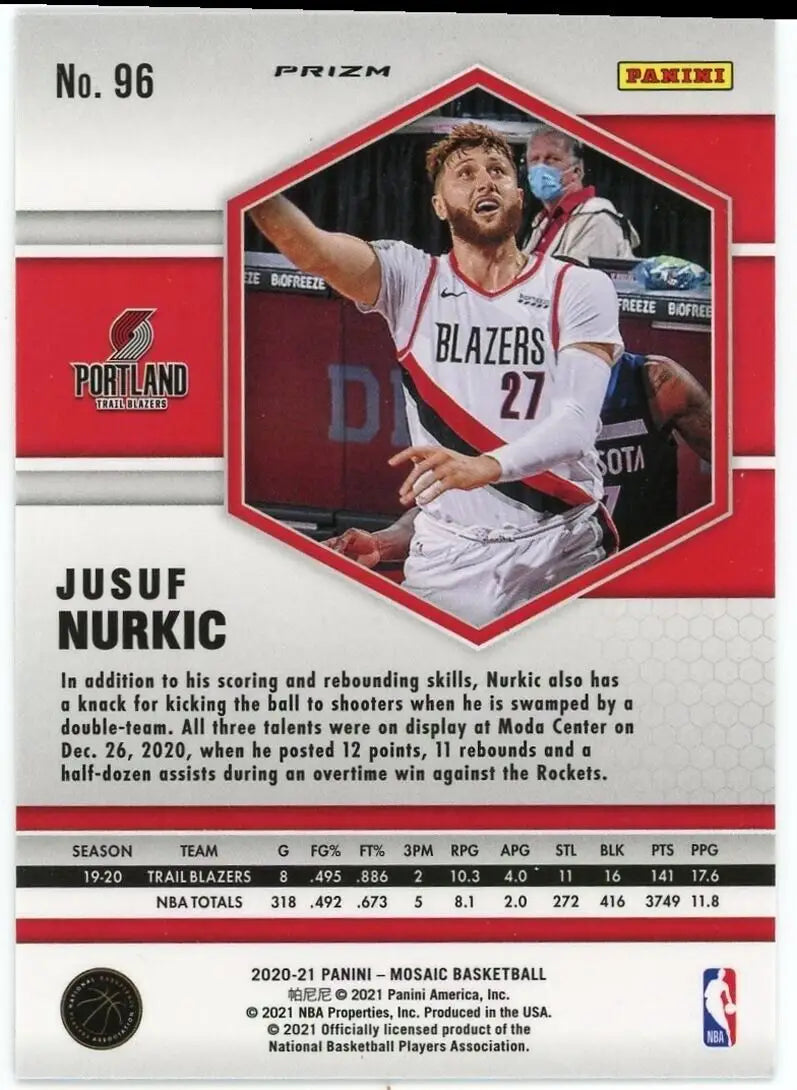 Jusuf Nurkic basketball card from 2020-21 Panini Mosaic Reactive Orange #96 Portland Trail Blazers