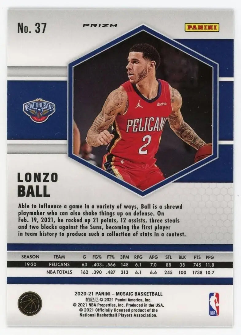 2020-21 Panini Mosaic Lonzo Ball Reactive Orange card featuring the New Orleans Pelicans