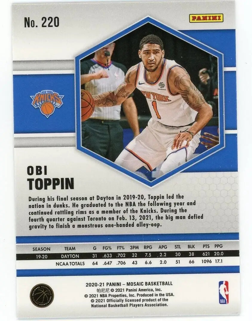 Obi Toppin Rookie card from 2020-21 Panini Mosaic NBA New York Knicks #220