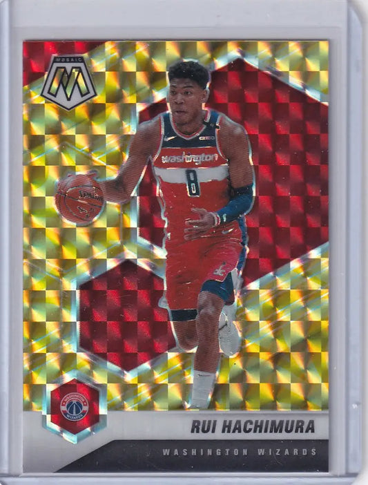 Basketball trading card of Rui Hachimura Washington Wizards in red uniform dribbling ball