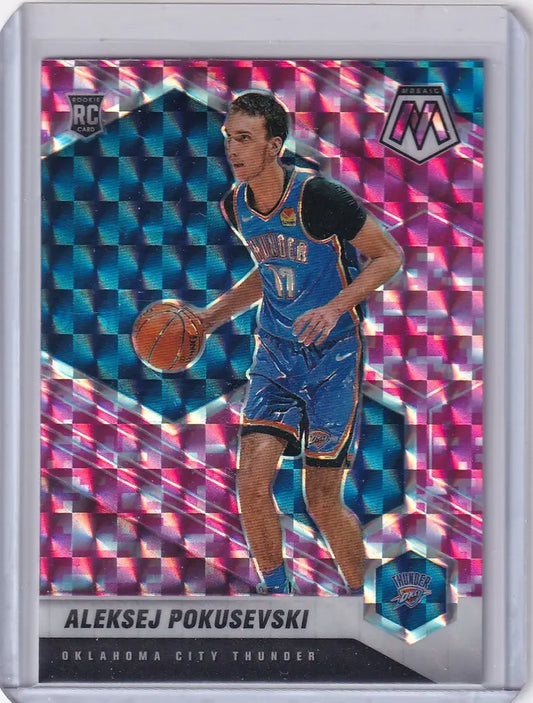 Basketball trading card of Aleksej Pokusevski dribbling for Oklahoma City Thunder Panini Mosaic Prizm