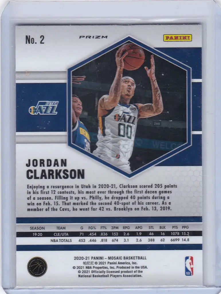 Basketball trading card of Jordan Clarkson Utah Jazz in white jersey number 00