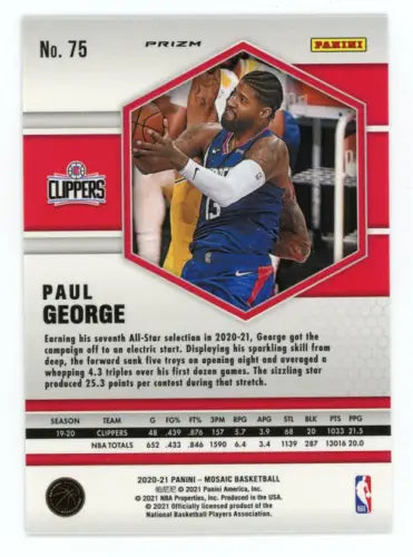 Paul George basketball card from 2020-21 Panini Mosaic Reactive Red series