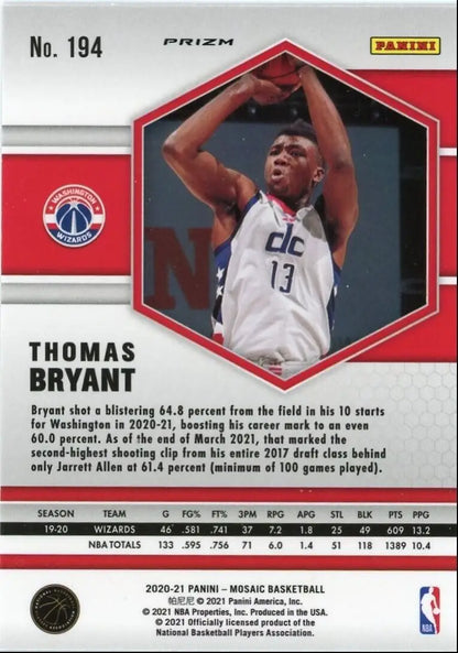 Mosaic Thomas Bryant basketball card featuring Thomas Bryant Reactive Orange from 2020-21 Panini