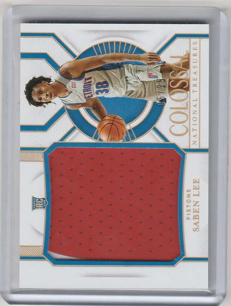 Basketball trading card of Saben Lee with red fabric swatch from Panini National Treasures