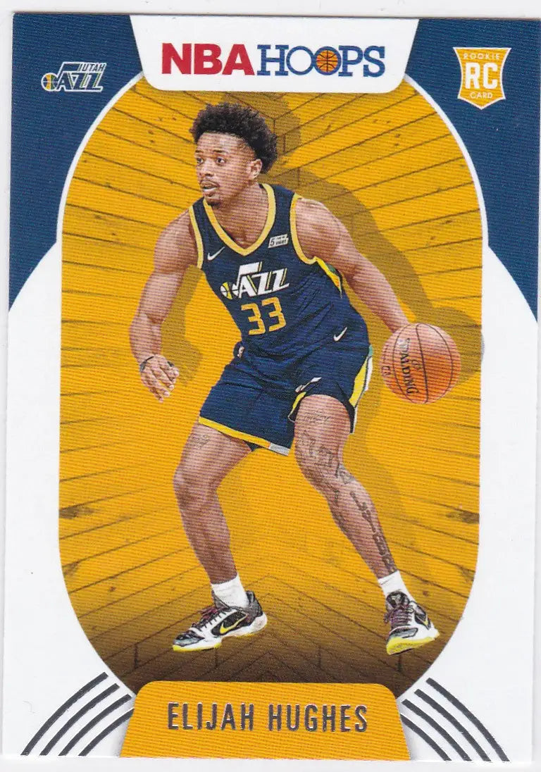 Basketball trading card of Elijah Hughes in Utah Jazz navy uniform, Panini NBA Hoops