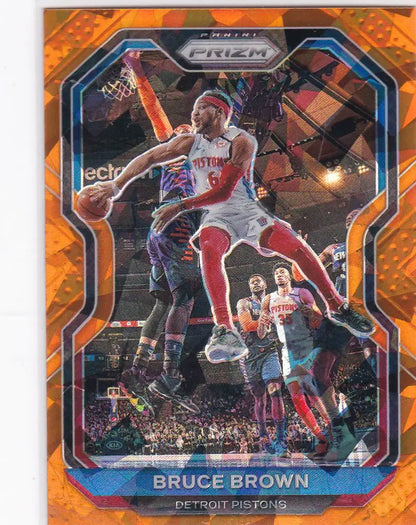 Basketball trading card of Bruce Brown in mid-jump, featuring Panini Orange Crackled Ice