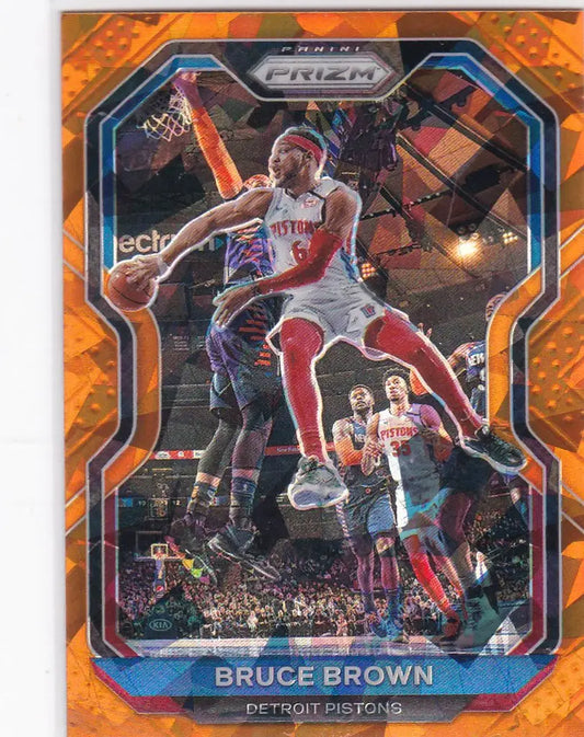 Basketball trading card of Bruce Brown in mid-jump, featuring Panini Orange Crackled Ice