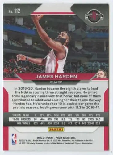 Original gloss 2020-21 Panini Prizm #112 James Harden card featuring the Rockets