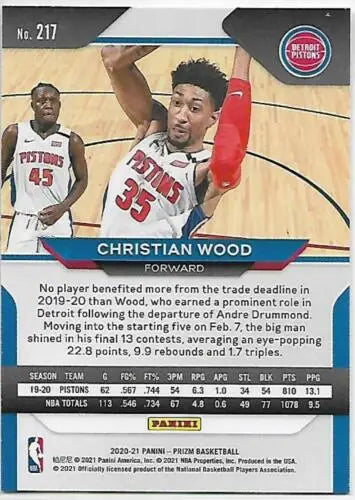 2020-21 Panini Prizm #217 Christian Wood NM-MT Pistons basketball card with original gloss