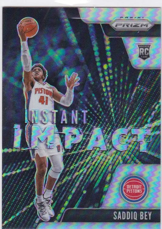 Basketball trading card of Saddiq Bey RC Prizm Instant Impact for the Detroit Pistons