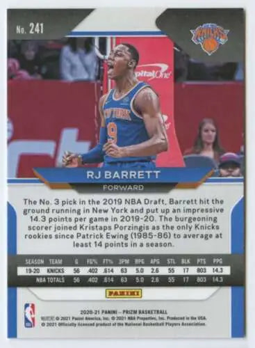 RJ Barrett basketball card 2020-21 Panini Prizm #241 original gloss Knicks collectible