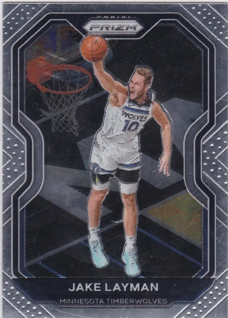 Basketball trading card of Jake Layman Minnesota Timberwolves dunking in Panini Prizm