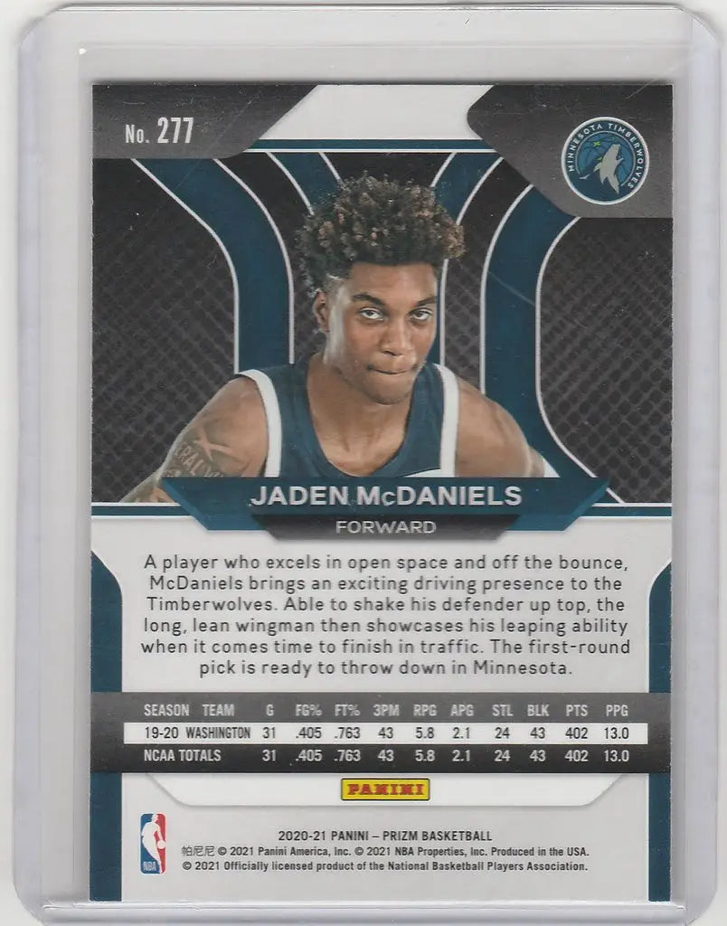 Basketball trading card of Jaden McDaniels Minnesota Timberwolves Panini Prizm #277