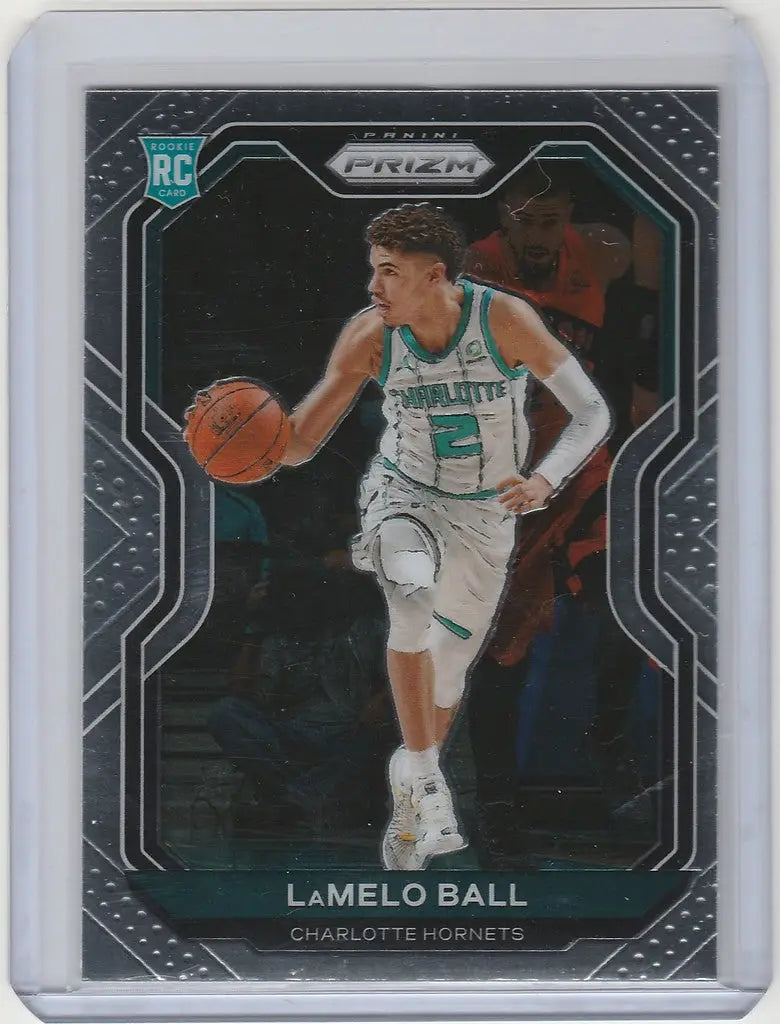 Basketball trading card of LaMelo Ball dribbling for Charlotte Hornets, Panini Prizm