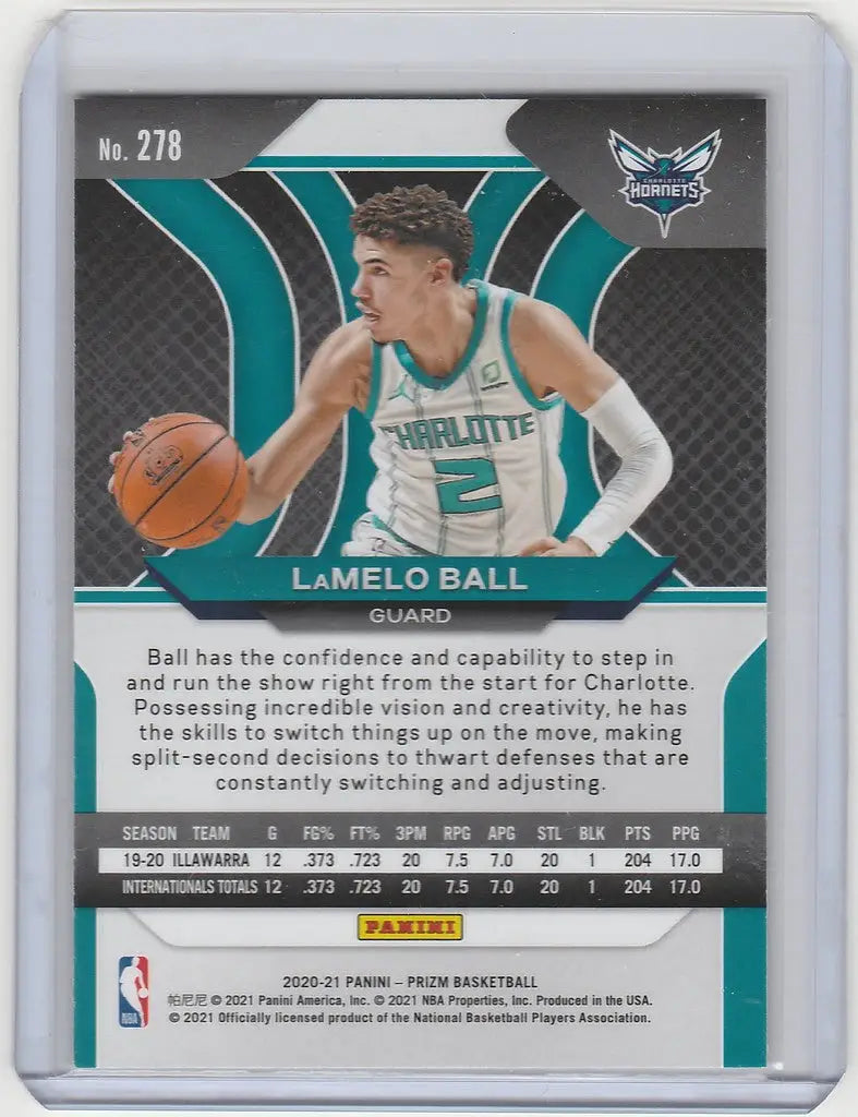 Basketball trading card of LaMelo Ball in teal jersey for Charlotte Hornets Panini Prizm