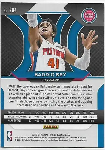 Saddiq Bey 2020-21 Panini Prizm #284 NM-MT RC basketball card with original gloss