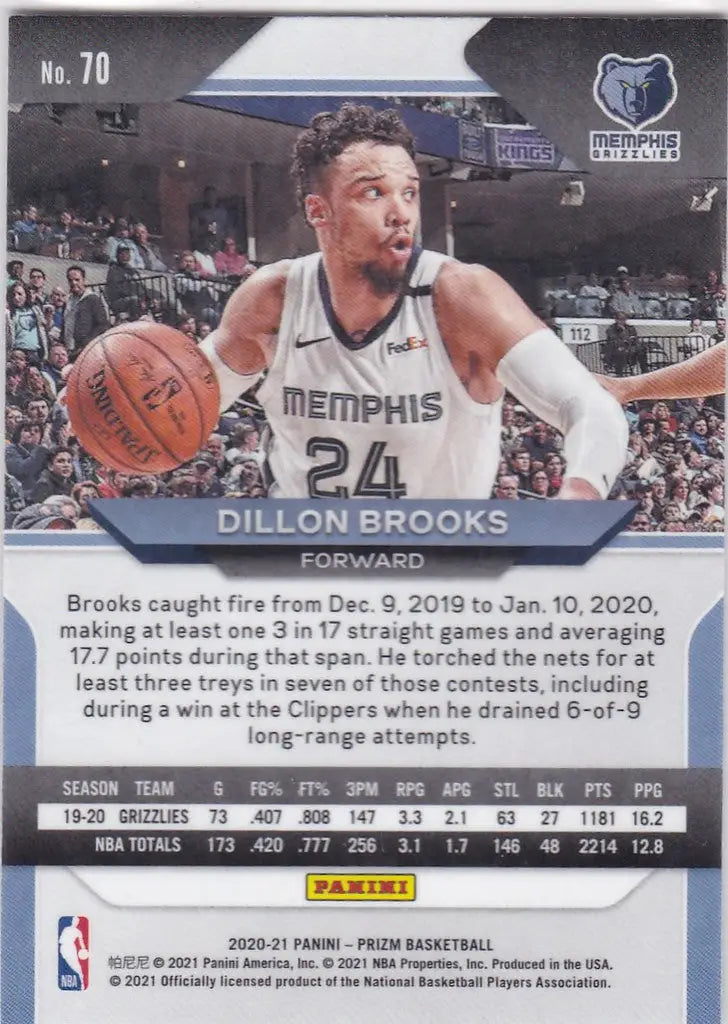 Basketball trading card of Dillon Brooks Memphis in action, 2020-21 Panini Prizm