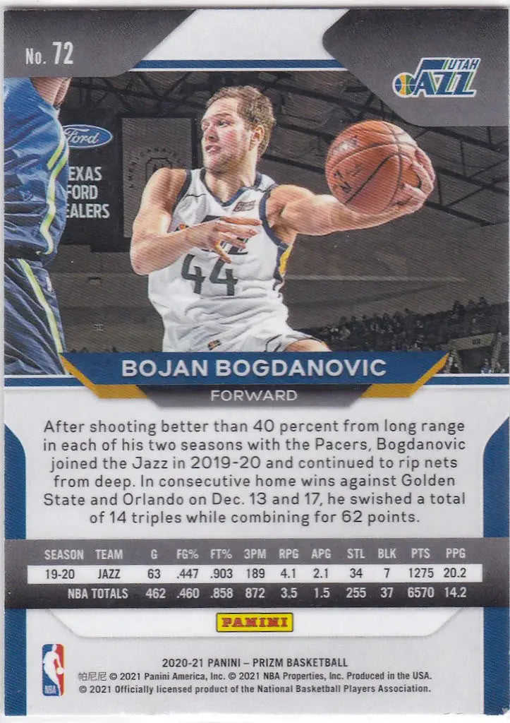 Bojan Bogdanovic Utah Jazz player trading card in white jersey from Panini Prizm