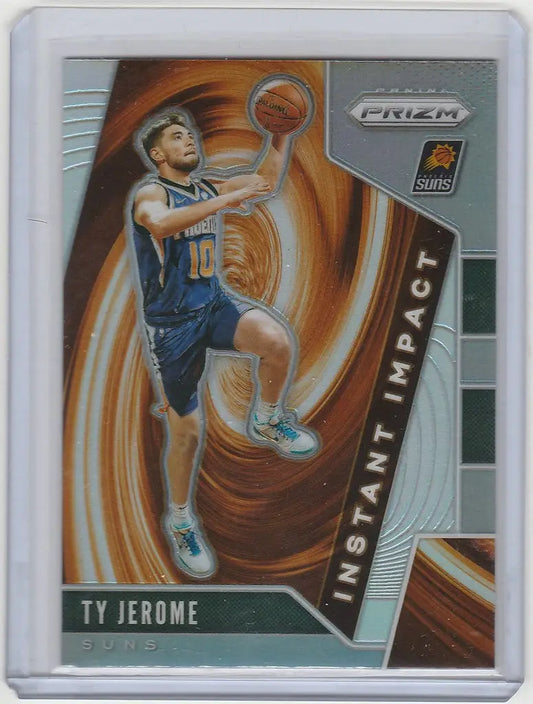 Basketball trading card of Ty Jerome jumping for a shot with the Phoenix Suns, Panini Prizm Instant