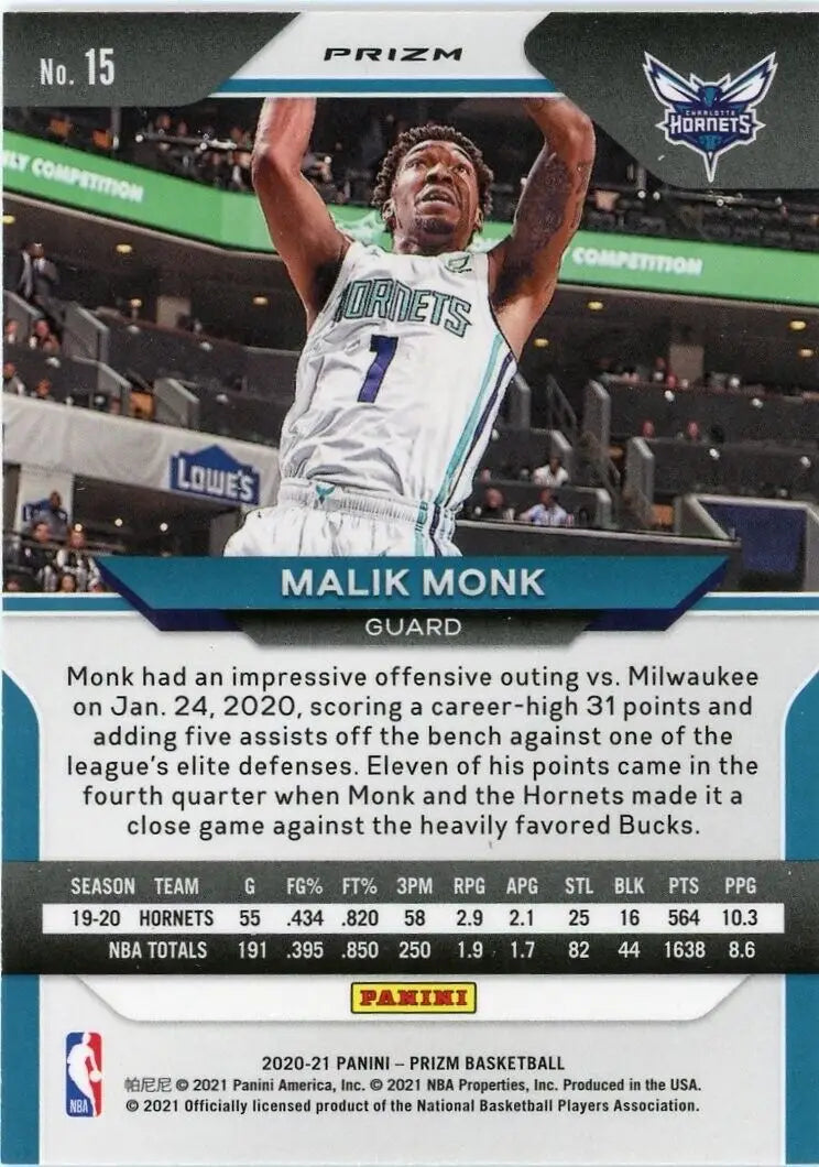 2020-21 Panini Prizm Malik Monk Silver Charlotte Hornets Basketball Card #15