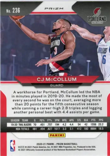 2020-21 Panini Prizm Pink Ice CJ McCollum Portland Trail Blazers Basketball Card NM-MT