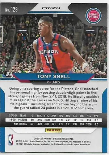 Tony Snell basketball card from 2020-21 Panini Prizm, NM-MT Pistons original gloss