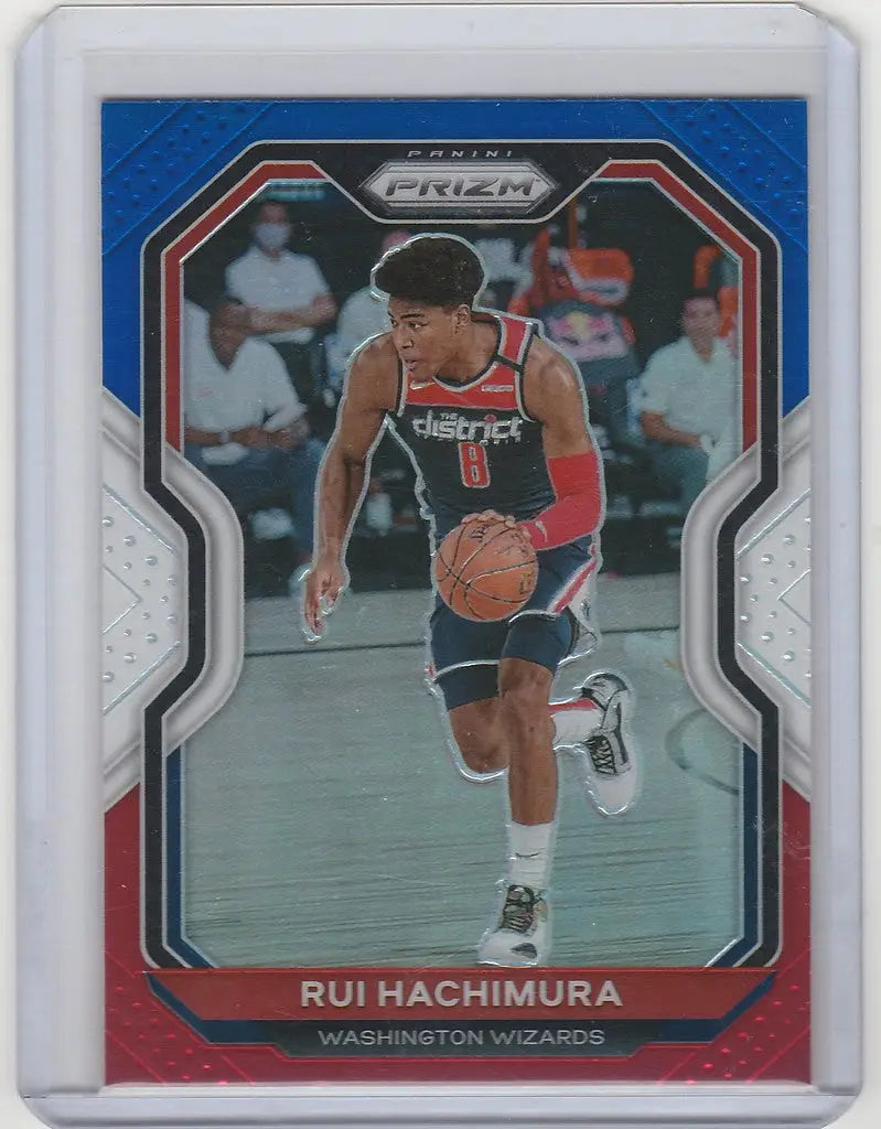 Basketball trading card of Rui Hachimura dribbling for Panini Prizm Red White Blue