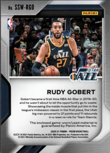 Rudy Gobert basketball card from 2020-21 Panini Prizm Sensational Swatches collection