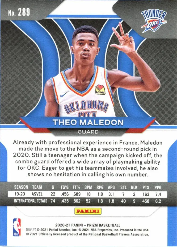 Theo Maledon Rookie basketball card from 2020-21 Panini Prizm OKC Thunder NBA #289