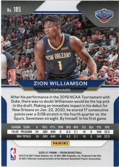 2020-21 Panini Prizm Zion Williamson New Orleans Pelicans Basketball Card #185