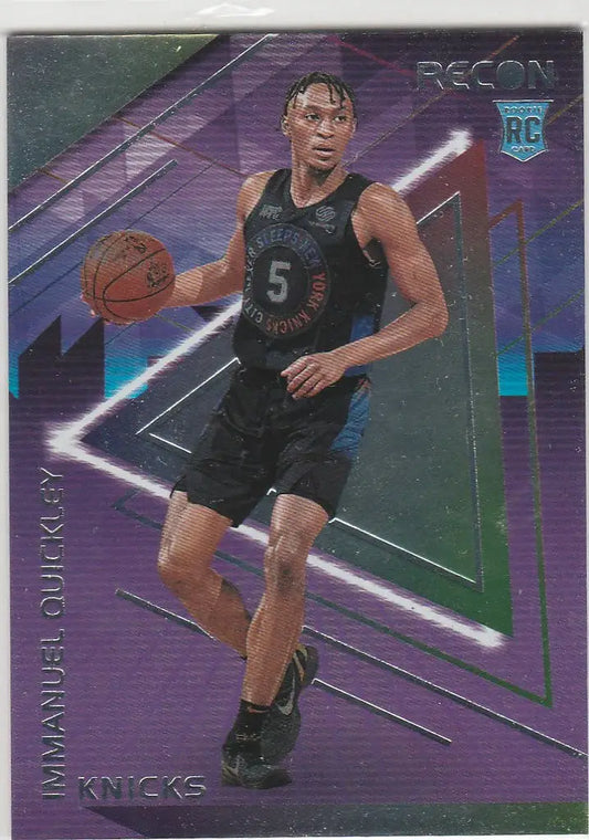 Basketball trading card of Immanuel Quickley dribbling in black Knicks jersey, Panini Recon