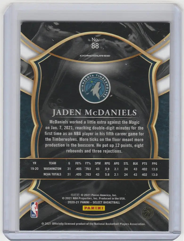 Basketball trading card of Jaden McDaniels Minnesota Timberwolves 2020-21 Panini Select