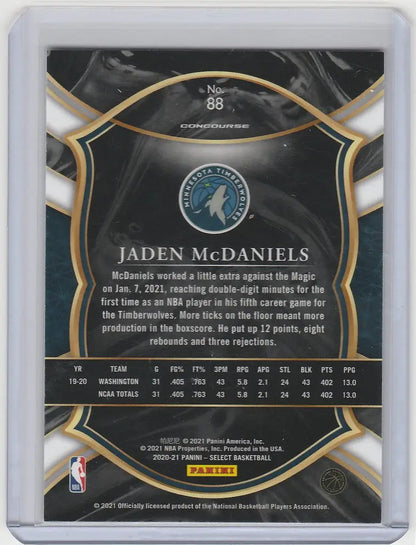 Basketball trading card of Jaden McDaniels Minnesota Timberwolves 2020-21 Panini Select