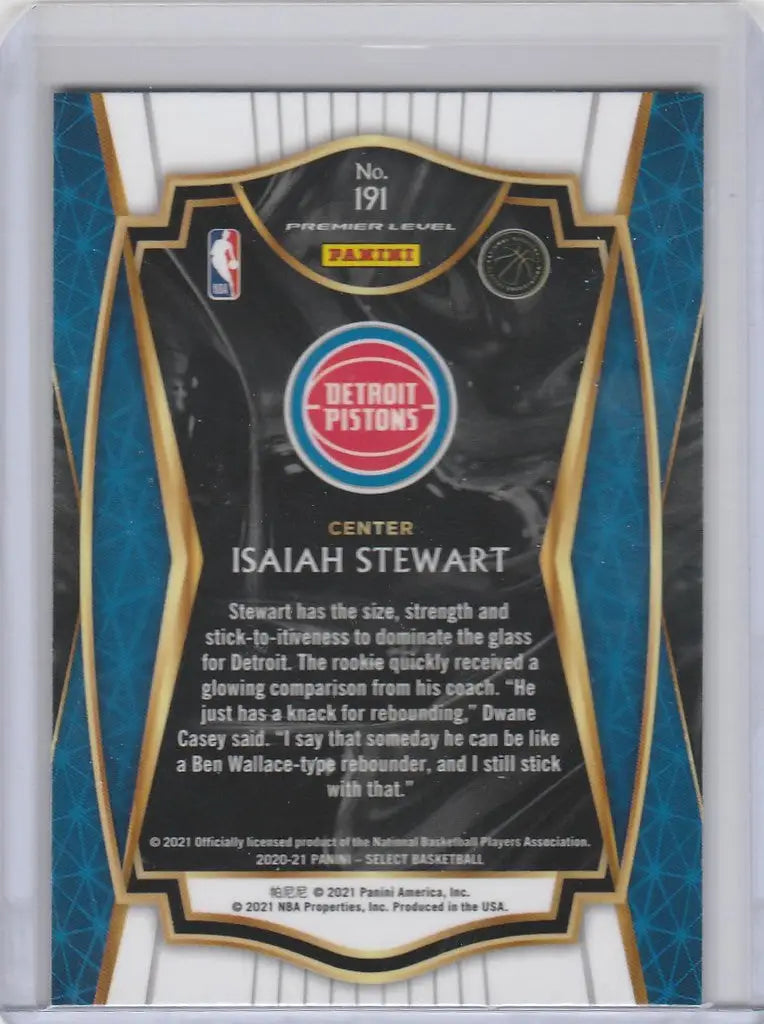 Basketball trading card of Isaiah Stewart Detroit Pistons 2020-21 Panini Select Blue