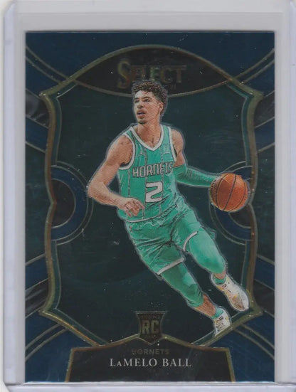 Basketball trading card of LaMelo Ball in green Charlotte Hornets uniform, 2020-21 Panini Select