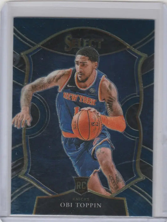 Panini Select Blue card featuring Obi Toppin in action for New York Knicks