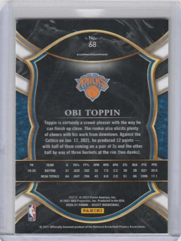 Basketball trading card of Obi Toppin featuring Panini Select Blue with New York Knicks logo