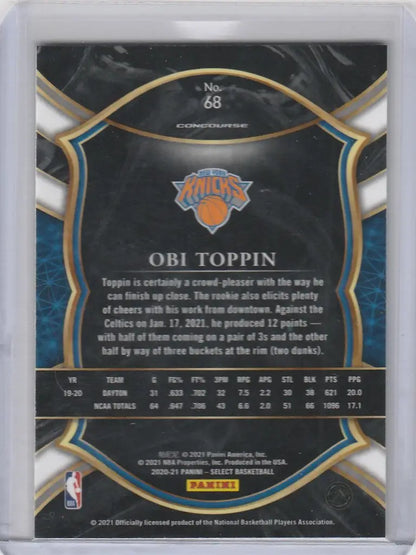 Basketball trading card of Obi Toppin featuring Panini Select Blue with New York Knicks logo