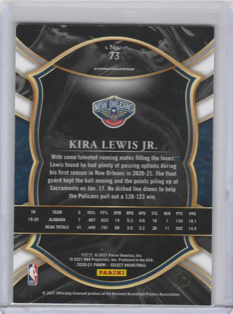 Basketball trading card of Kira Lewis Jr. from 2020-21 Panini Select New Orleans Pelicans